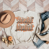 Sweater Weather Screen Print Heat Transfer, cozy fall-themed sweatshirt with leaf graphics and the words 'Sweater Weather' in stylish font, surrounded by autumn accessories.