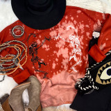 Dancing Skeletons Screen Print Heat Transfer, red tie-dye hoodie with white and black skeleton designs of dancing skeletons.