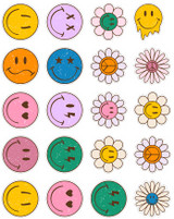 Retro Happy Variety Pack Sticker Sheet, collection of colorful emoji and floral stickers with various expressions and designs.