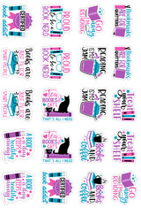 Book Lover Reading Variety Pack Sticker Sheet, collection of colorful stickers featuring book-related phrases and designs including glasses, teacups, and books.
