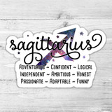 Sagittarius Zodiac Traits Die Cut Sticker, colorful zodiac symbol with the word 'Sagittarius' and traits like adventurous and confident.