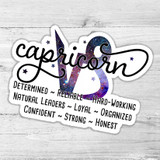 Capricorn Zodiac Traits Die Cut Sticker, galaxy-themed Capricorn zodiac symbol with traits listed.