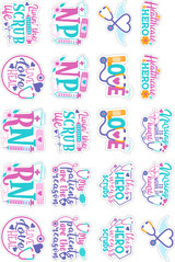 Nurse Set Variety Pack Sticker Sheet, colorful hospital-themed nurse stickers with words like 'Nurse,' 'Love,' 'Hero,' and related medical symbols and phrases.