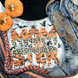 Momster Halloween Screen Print Heat Transfer, Halloween-themed graphic T-shirt with spooky bats, spiders, and web designs in orange, black, and leopard print patterns.