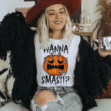 Wanna Smash Pumpkin Screen Print Heat Transfer, a Halloween-themed graphic design featuring a cartoon pumpkin with a spooky face.