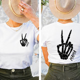 Mama Peace Sign SET Screen Print Heat Transfer, black skeletal hand making peace sign on white T-shirt with 'MAMA' text, front and back views.