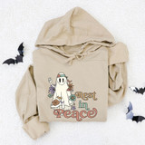 Rest In Peace Ghost DTF Transfer, beige hoodie with ghost graphic and 'Rest in Peace' text design.