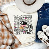 Reba Word Art DTF Transfer, colorful graphic T-shirt with poem and floral design, casual outfit with jeans, shoes, and hat.
