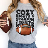 Cozy Nights & Stadium Lights Screen Print Heat Transfer, woman wearing a grey t-shirt with a football graphic and bold text, holding a football.