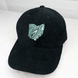 Paisley State FAUX Turquoise Leather Patch YOU CHOOSE STATE, black corduroy baseball cap with a turquoise paisley leather patch of a state shape.