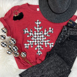 Buffalo Plaid Snowflake DTF Transfer, fabric transfer featuring a black and white buffalo plaid snowflake pattern on a red t-shirt.