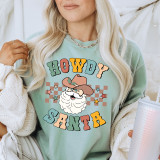 Howdy Santa Screen Print Transfer, festive graphic design featuring Santa Claus with a hat and holly, surrounded by colorful stars and checkered background.