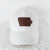 Leopard State Leather Patch YOU CHOOSE STATE, white corduroy baseball cap with leopard print leather patch of state outline.