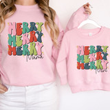 Merry Merry Merry Mama DTF Transfer, colorful holiday-themed design on pink sweatshirt and mini sweatshirt for moms and kids.