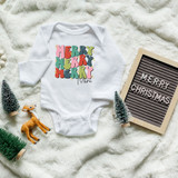 Merry Merry Merry Mini DTF Transfer, colorful festive text design on baby onesie surrounded by Christmas decorations and a holiday message board.