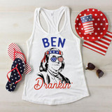 Ben Drankin' Patriotic Sublimation Transfer, patriotic tank top with an illustration of a person wearing American flag sunglasses and bandana, surrounded by American-themed accessories like flip-flops, paper plates, and napkins.