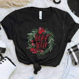 Holly Jolly Wreath DTF Heat Transfer, black T-shirt with festive red and green holiday design featuring the text Holly Jolly surrounded by holly leaves and berries.