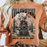 Yellowstone One Way Ticket Screen Print Heat Transfer, illustrated train, mountains, trees, and smoke design on a tan T-shirt.