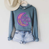 Neon Moon DTF Heat Transfer, colorful moon and cactus design on gray hoodie.