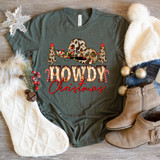 Howdy Christmas Cowboy Hat DTF Heat Transfer, holiday graphic design on a dark gray t-shirt with Christmas trees, candy canes, and colorful lights.