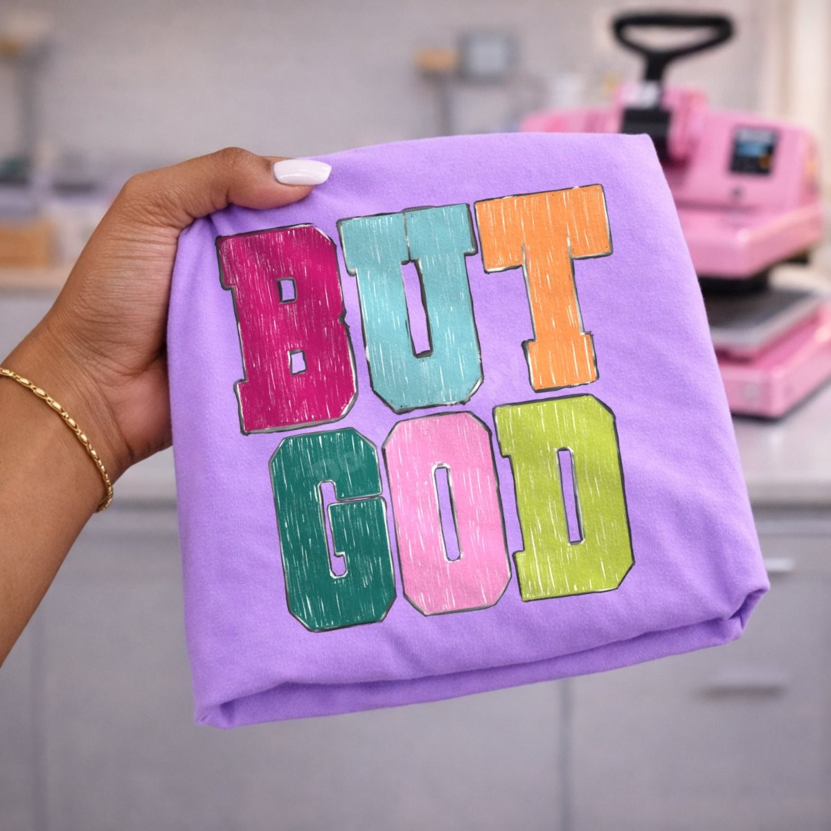 Transfer Design Sticker But God DTF Transfer | Colorful Faith Varsity Design