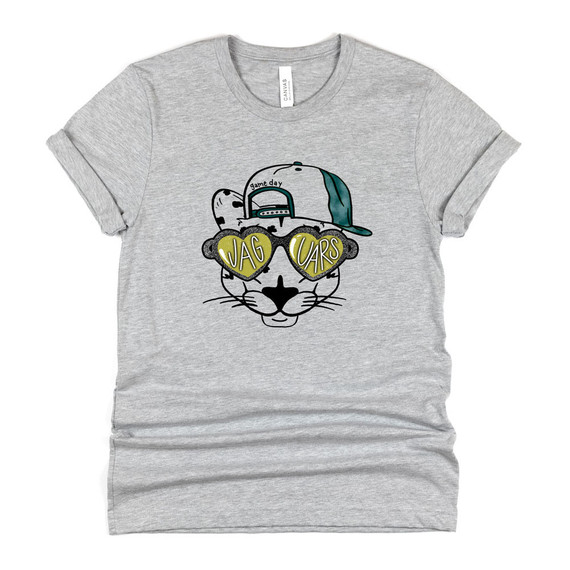 Jaguars Mascot DTF Heat Transfer, gray t-shirt with a cartoon jaguar wearing sunglasses and a cap.