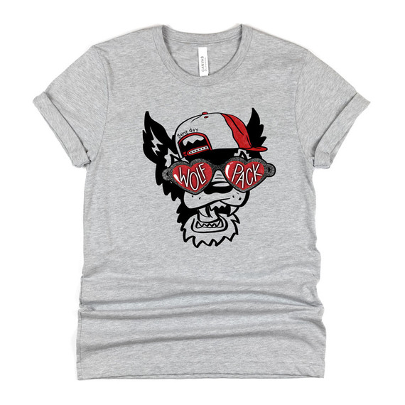 Wolf Pack Mascot DTF Heat Transfer, graphic of a dog wearing sunglasses and a cap with the text 'game day' on it, on a grey T-shirt.