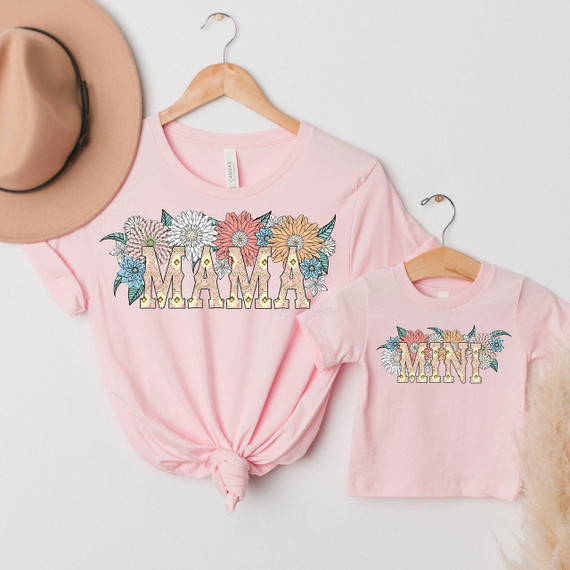 Mama Flowers DTF Heat Transfer, Pink T-shirts with floral Mama Mickey Mouse design.