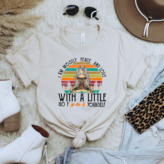 I Am Mostly Peace And Love DTF Heat Transfer T-shirt, vintage style graphic with a woman meditating and colorful sunset background.