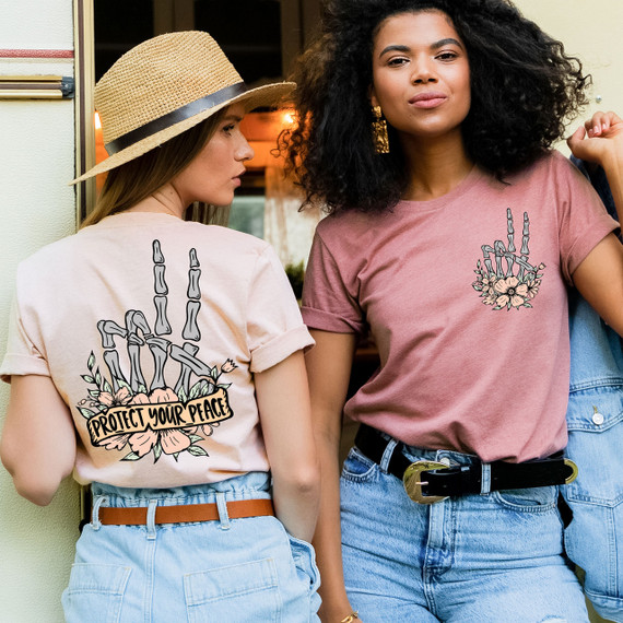 Protect Your Peace SET Screen Print Heat Transfer, two women wearing t-shirts with skeleton hand and flowers design with the text 'Protect Your Peace'