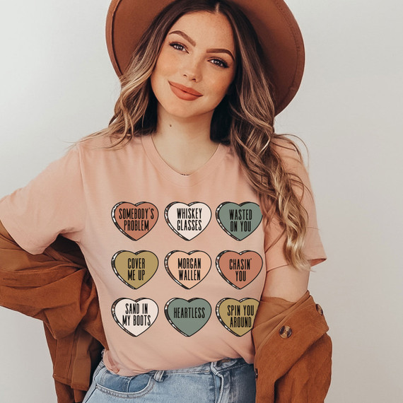 Wallen Candy Hearts DTF Heat Transfer, colorful heart-shaped design with various phrases for clothing decoration.