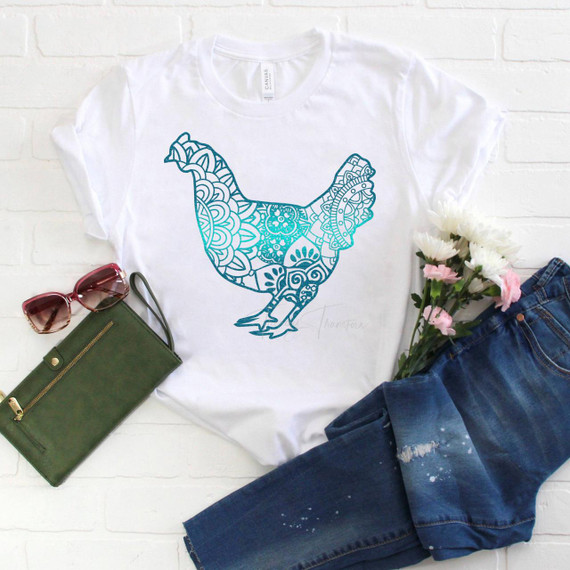 Mandala Chicken Teal Gradient Sublimation Transfer, white T-shirt with a detailed teal gradient mandala-style chicken design.