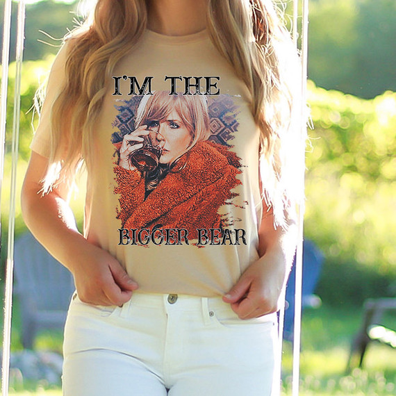 I'm The Bigger Bear DTF Heat Transfer, woman wearing a t-shirt with a graphic print of a woman drinking a beverage.