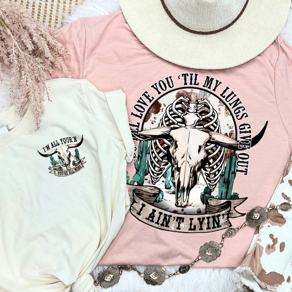 I'll Love You SET Screen Print Heat Transfer, showcasing shirts with cowboy-themed designs and motivational phrases.
