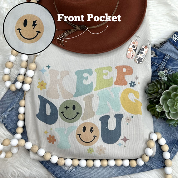 Keep Doing You SET Screen Print Heat Transfer, colorful nostalgic design with smiley faces and floral accents on a white T-shirt.