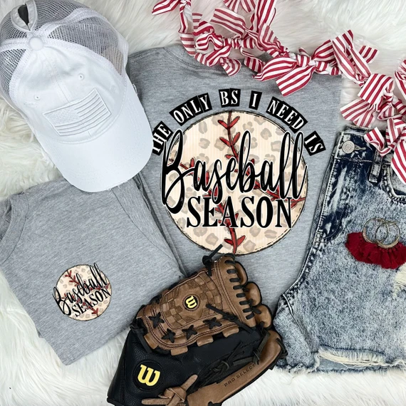 Baseball Season SET Screen Print Heat Transfer, flat lay of baseball-themed items including a white cap, gray T-shirt, denim shorts, baseball glove, and a gray shirt with a baseball design and text