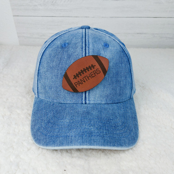 Personalized Leather Football Patch, blue baseball cap with football themed patch embroidered with the word 'Panthers' on front.