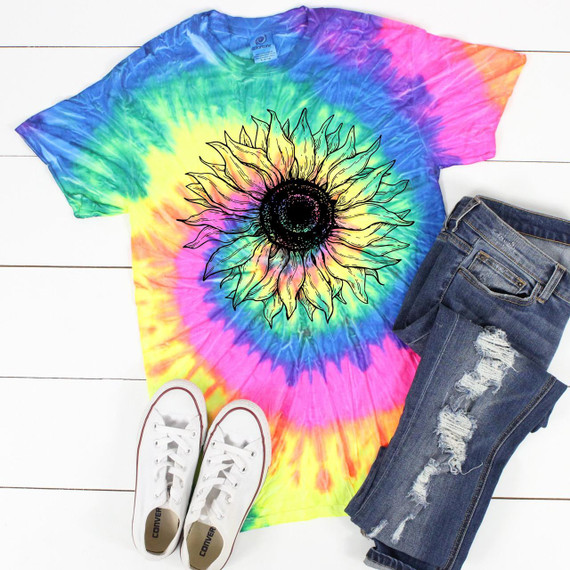 Sunflower Screen Print Heat Transfer, vibrant sunflower design on a multicolor tie-dye T-shirt.