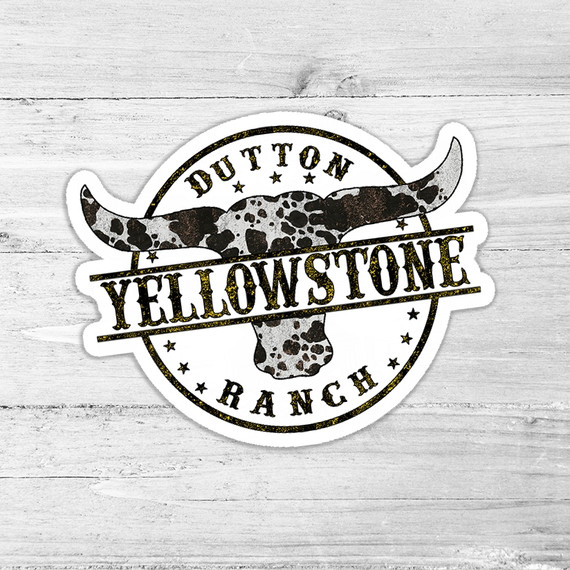 Yellowstone Bull Skull Die Cut Sticker, horse skull with black and white spotted pattern in a circular Yellowstone Ranch design.