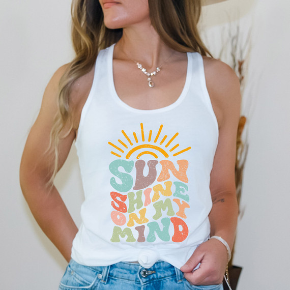 Sunshine On My Mind Boho DTF Heat Transfer, colorful sun and typography design on a white tank top.