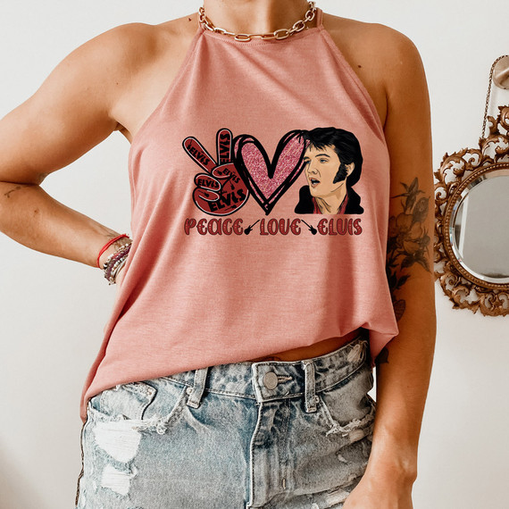 Peace Love Elvis DTF Heat Transfer, graphic T-shirt featuring a peace sign, a glittery heart, and a portrait of Elvis Presley for custom apparel.