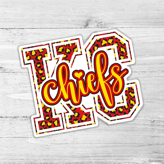 KC Chiefs Die Cut Sticker, decorative sticker featuring the Kansas City Chiefs logo with a leopard print background in red, black, and yellow colors.