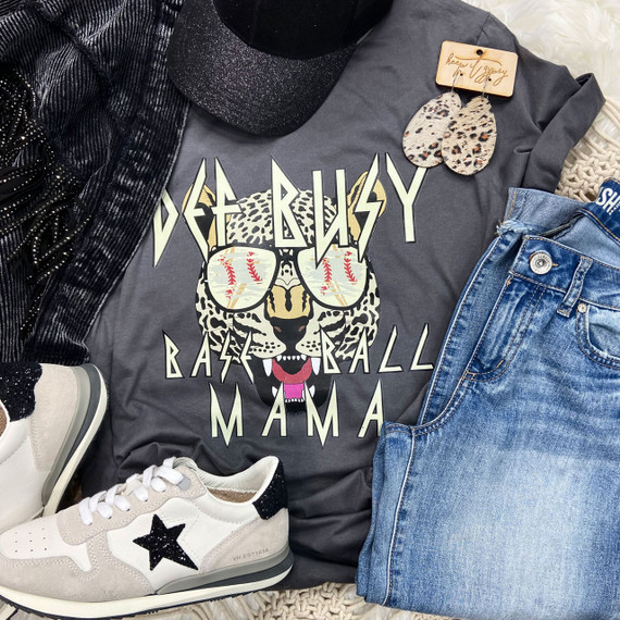 Def Busy Baseball Mama Baseball Screen Print Heat Transfer, display of clothing and accessories including a graphic t-shirt, denim jeans, sneakers, leopard print earrings, and a cap.