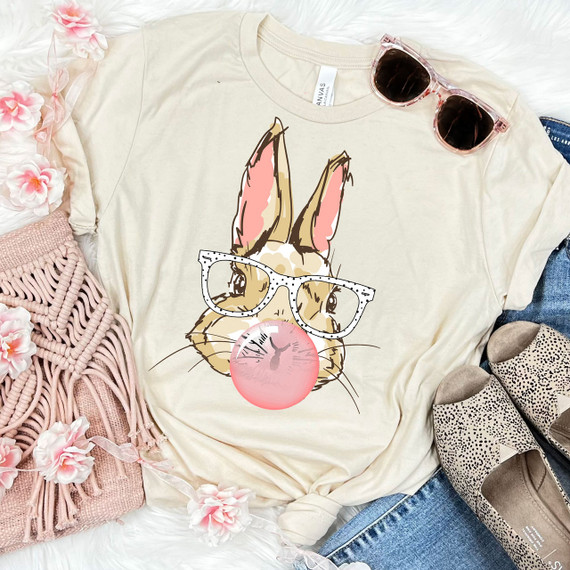 Bunny Blowing Bubble Screen Print Heat Transfer, illustrated bunny wearing glasses blowing a pink bubblegum bubble.