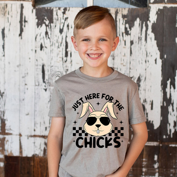 Just Here For The Chicks DTF Heat Transfer, cartoon bunny with sunglasses and checkered pattern.