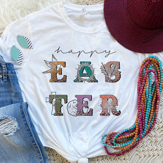Happy Easter Boho Leopard DTF Heat Transfer, colorful and stylish Easter-themed graphic T-shirt with leopard print accents and boho design elements.