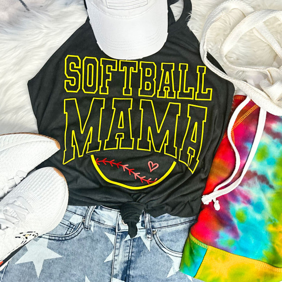 Softball Mama PUFF Screen Print Heat Transfer, black sleeveless top with yellow outlined text and decorative elements, casual outfit with jeans, white sneakers, and accessories.