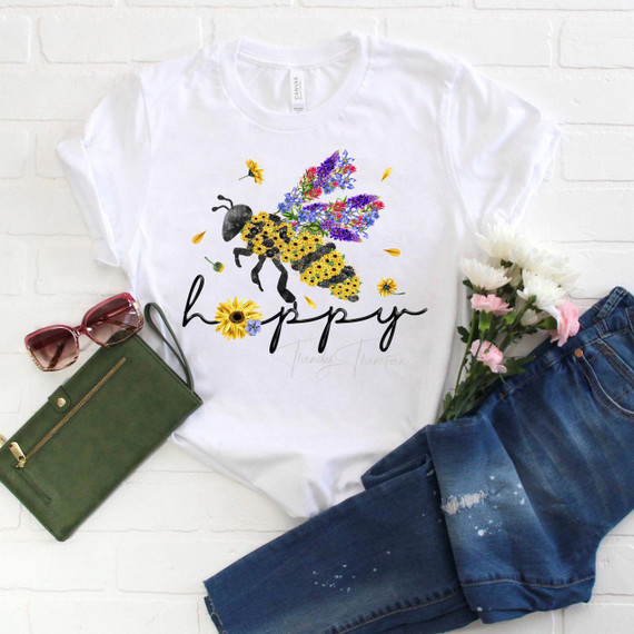 Be Happy Bee Happy Sublimation Transfer, white T-shirt with a bee and floral design and the word 'happy' printed on it.