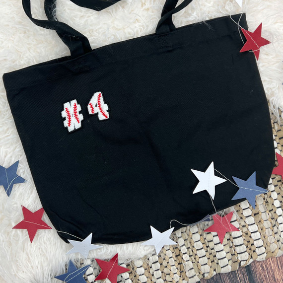 Baseball Numbers Chenille Patch 2 inches, white fabric with red baseball stitched design, sewn onto black fabric.