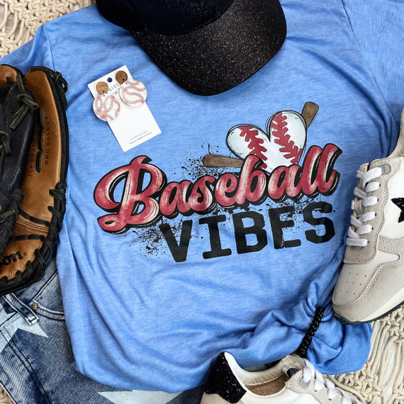 Baseball Vibes Heart Screen Print Heat Transfer, close-up image of a blue T-shirt with a baseball heart graphic and the text 'Baseball Vibes' in bold letters.